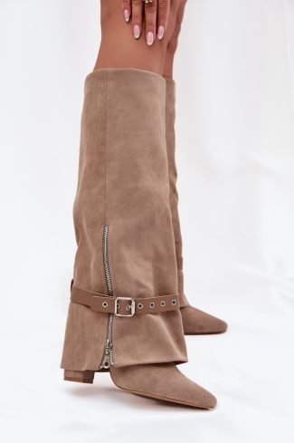 Beige Heel Boots in Over The Knee High Boots, Thigh High Boots with Fabric, Footbed, Upper Height and Heel Height