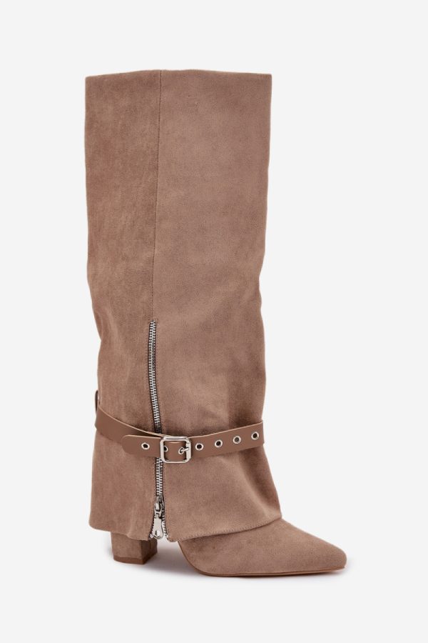 Beige Heel Boots in Over The Knee High Boots, Thigh High Boots with Fabric, Footbed, Upper Height and Heel Height