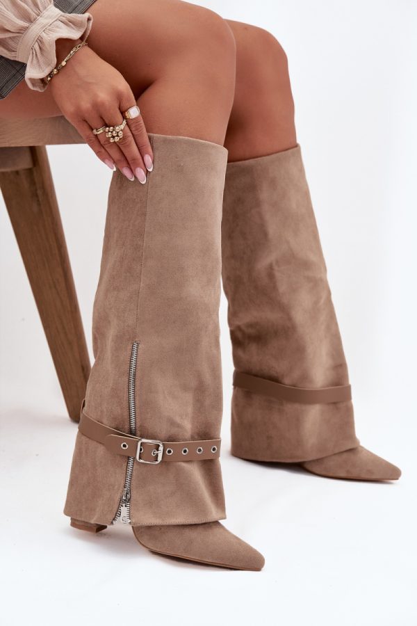 Beige Heel Boots in Over The Knee High Boots, Thigh High Boots with Fabric, Footbed, Upper Height and Heel Height