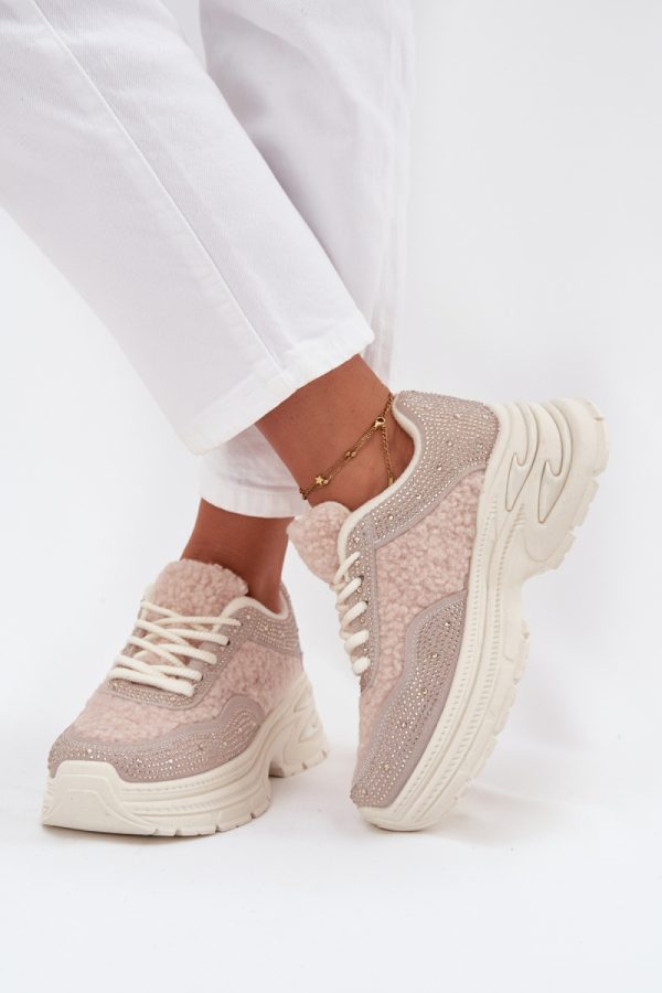 Beige Sport Shoes in Women`s Athletic Shoes, Trainers, Sneakers with Fabric, Warmers, Footbed, Upper Height and Platform Height