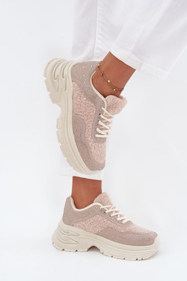 Beige Sport Shoes in Women`s Athletic Shoes, Trainers, Sneakers with Fabric, Warmers, Footbed, Upper Height and Platform Height