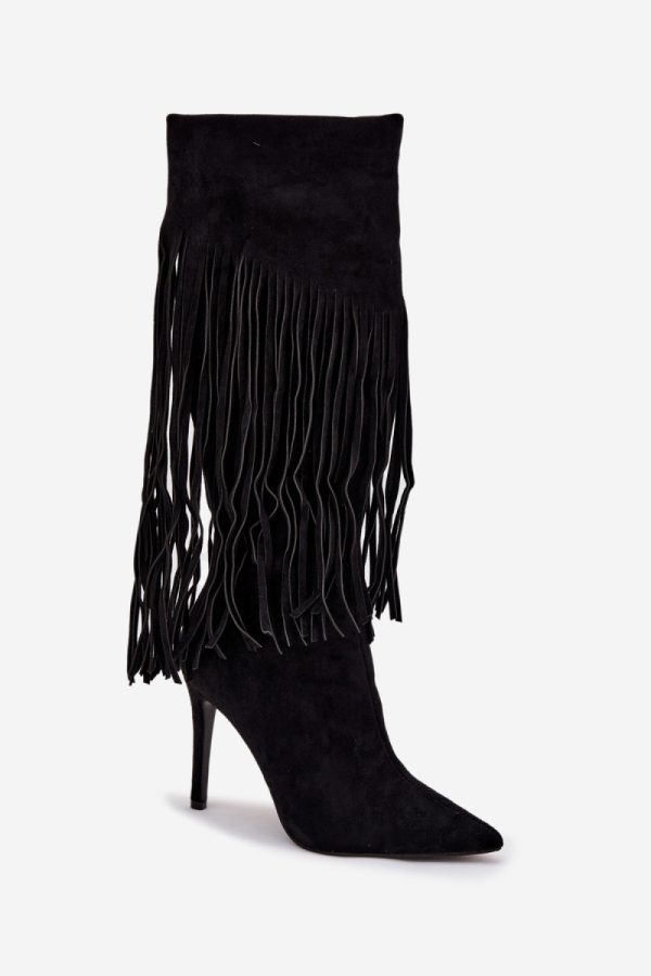 Black Heel Boots in Over The Knee High Boots, Thigh High Boots with Fabric, Footbed, Upper Height and Heel Height