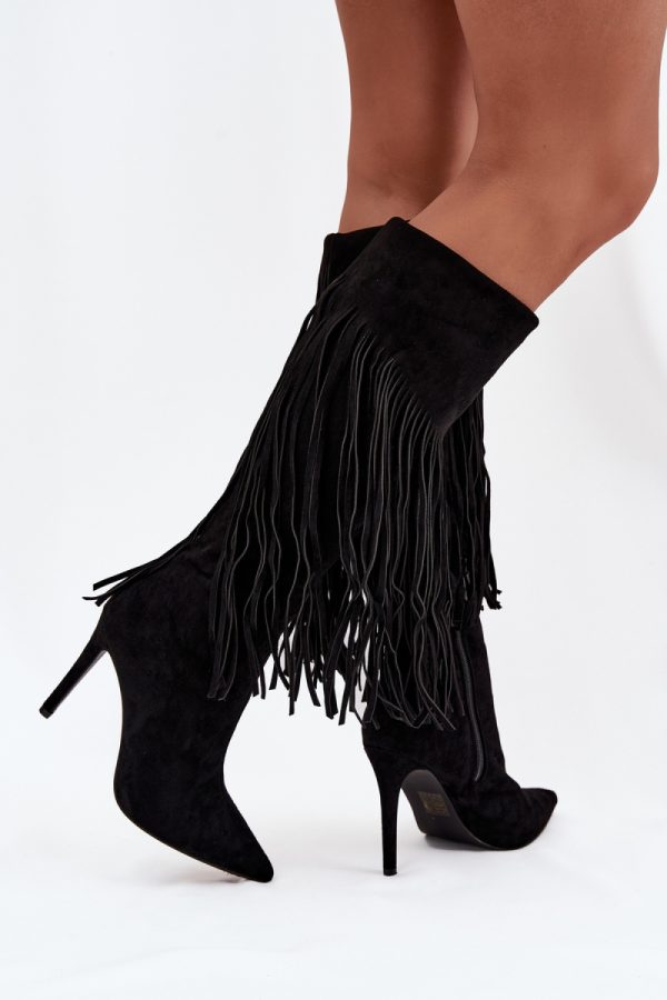 Black Heel Boots in Over The Knee High Boots, Thigh High Boots with Fabric, Footbed, Upper Height and Heel Height