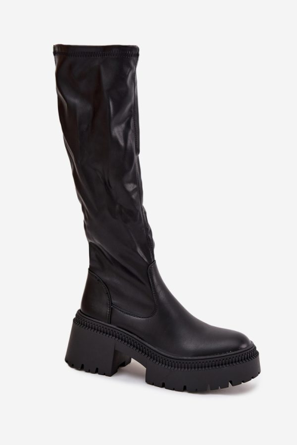 Black Thigh-Hight Boots in Over The Knee High Boots, Thigh High Boots with Fabric, Footbed, Upper Height and Heel Height