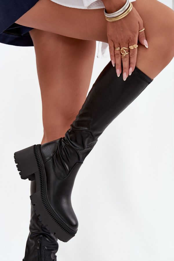 Black Thigh-Hight Boots in Over The Knee High Boots, Thigh High Boots with Fabric, Footbed, Upper Height and Heel Height