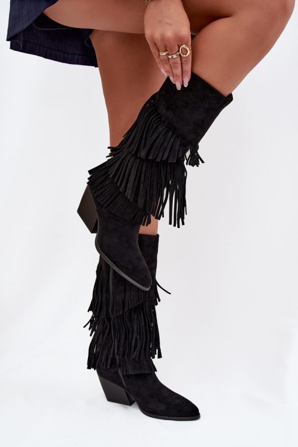 Black Heel Boots in Over The Knee High Boots, Thigh High Boots with Fabric, Warmers, Footbed, Upper Height and Heel Height