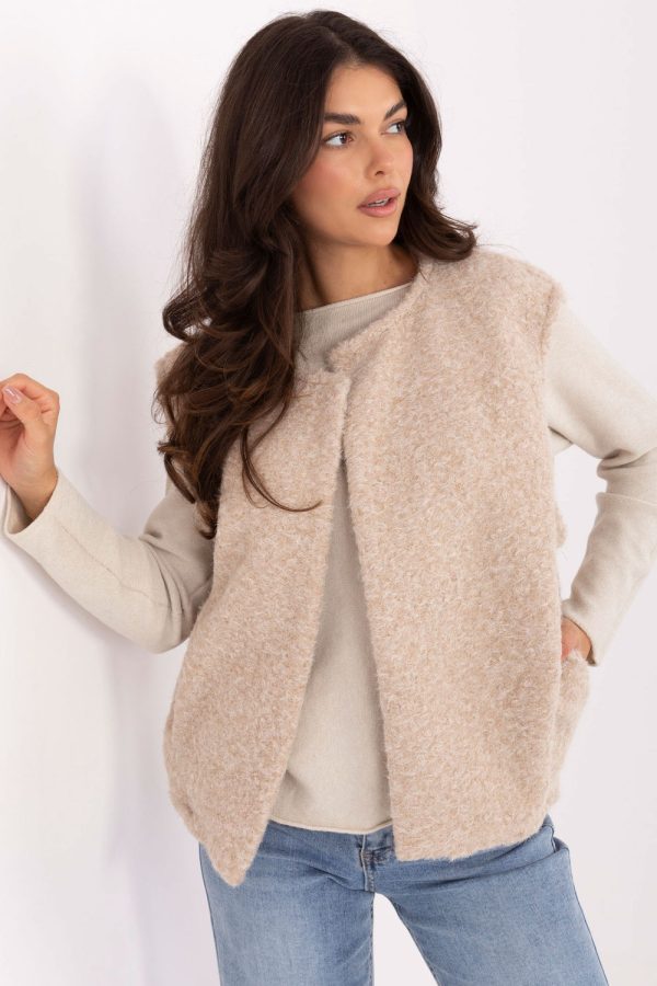 Beige Gilet in Women`s Coats, Jackets with Polyester