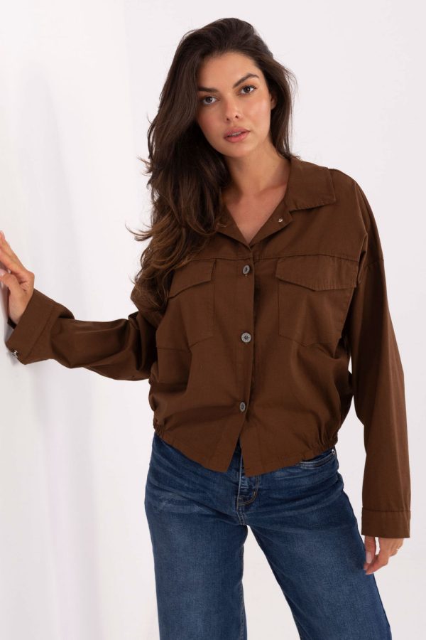 Brown Long Sleeve Shirt in Shirts For Women with Cotton and Spandex