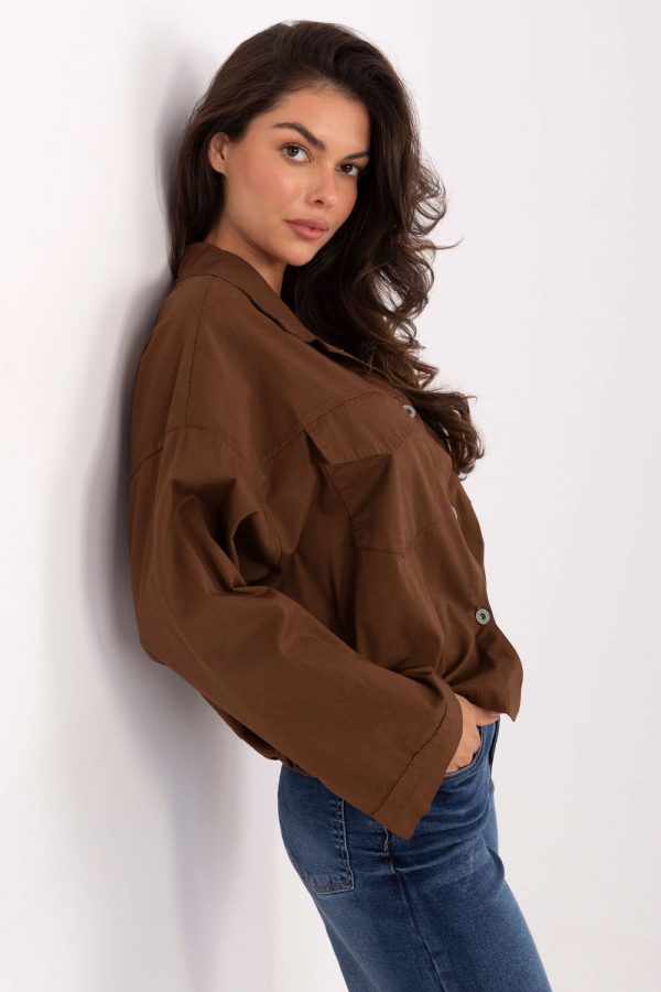 Brown Long Sleeve Shirt in Shirts For Women with Cotton and Spandex