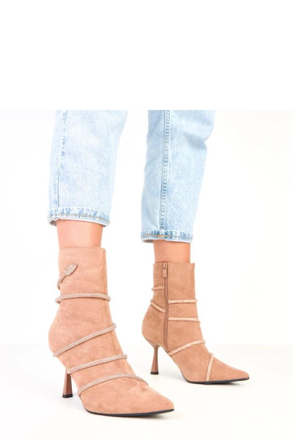 Beige Heel Boots in Women`s Ankle Boots & Booties with Fabric, Footbed, Upper Height and Heel Height
