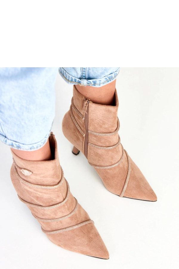 Beige Heel Boots in Women`s Ankle Boots & Booties with Fabric, Footbed, Upper Height and Heel Height