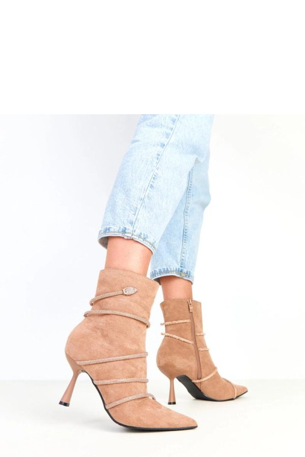 Beige Heel Boots in Women`s Ankle Boots & Booties with Fabric, Footbed, Upper Height and Heel Height