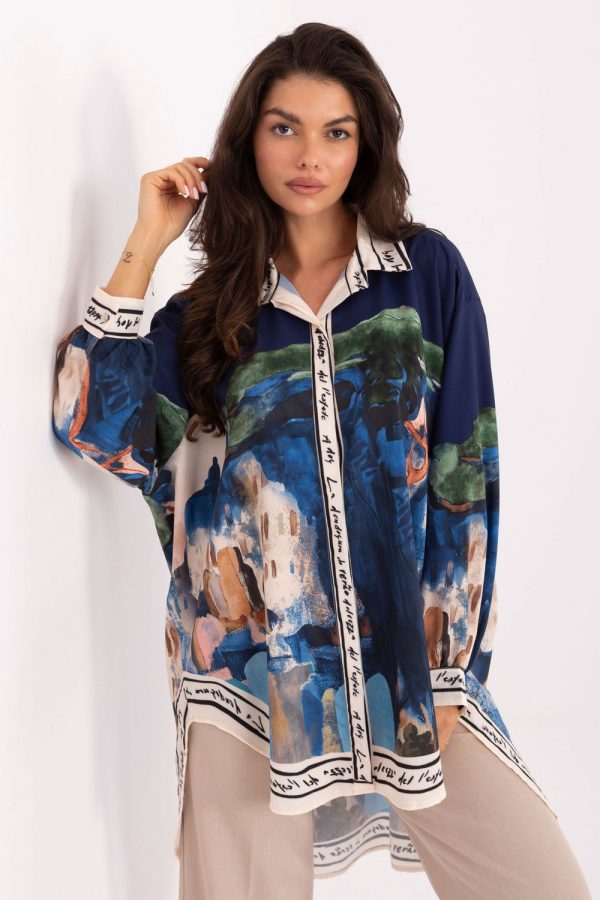 Navy Blue Long Sleeve Shirt in Shirts For Women with Polyester and Viscose