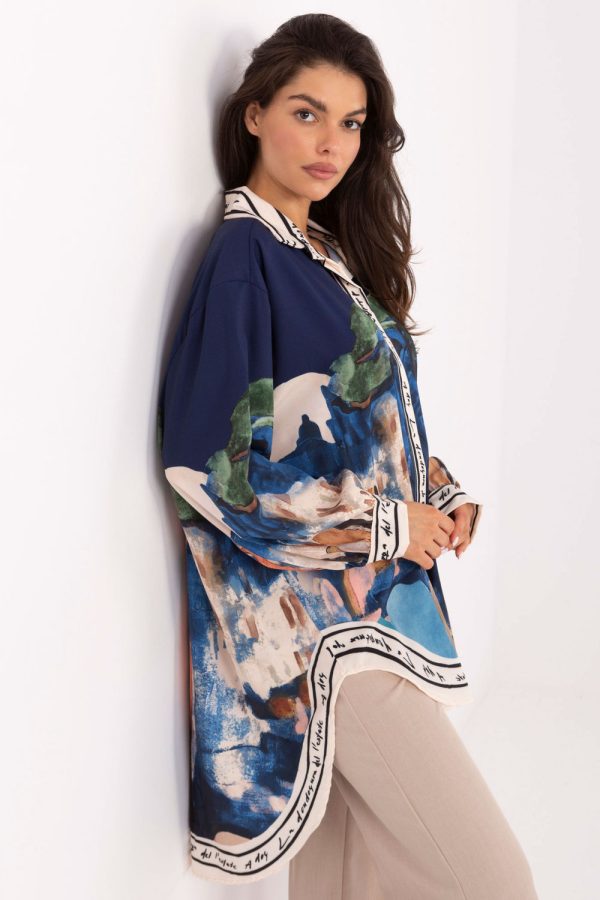 Navy Blue Long Sleeve Shirt in Shirts For Women with Polyester and Viscose