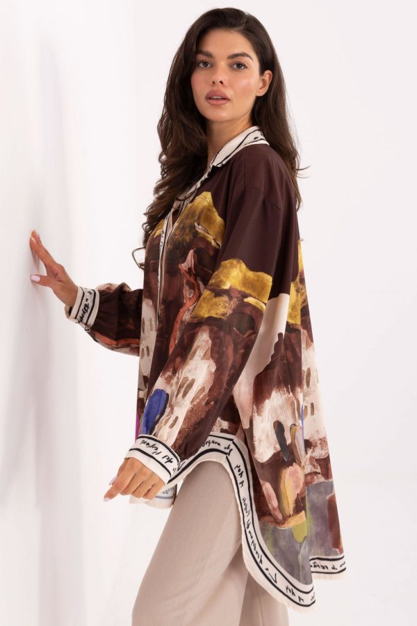 Brown Long Sleeve Shirt in Shirts For Women with Polyester and Viscose