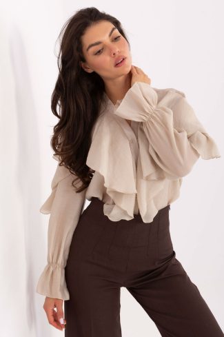 1094540 Beige Long Sleeve Shirt in Shirts For Women with Lyocel and Polyester