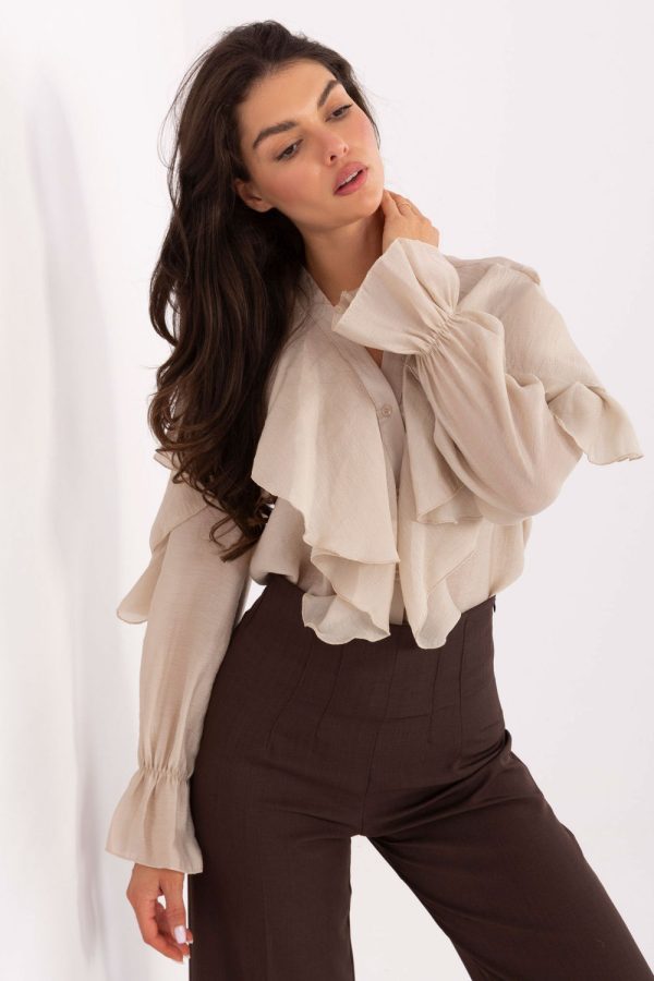 Beige Long Sleeve Shirt in Shirts For Women with Lyocel and Polyester