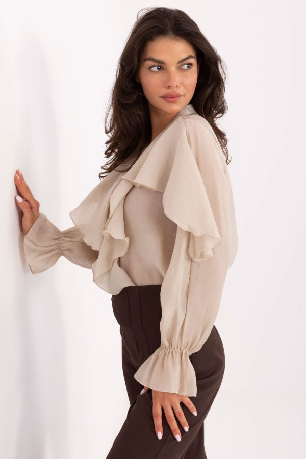 Beige Long Sleeve Shirt in Shirts For Women with Lyocel and Polyester