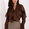 1094546 Brown Long Sleeve Shirt in Shirts For Women with Lyocel and Polyester