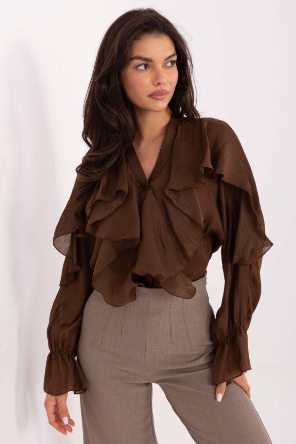 Brown Long Sleeve Shirt in Shirts For Women with Lyocel and Polyester