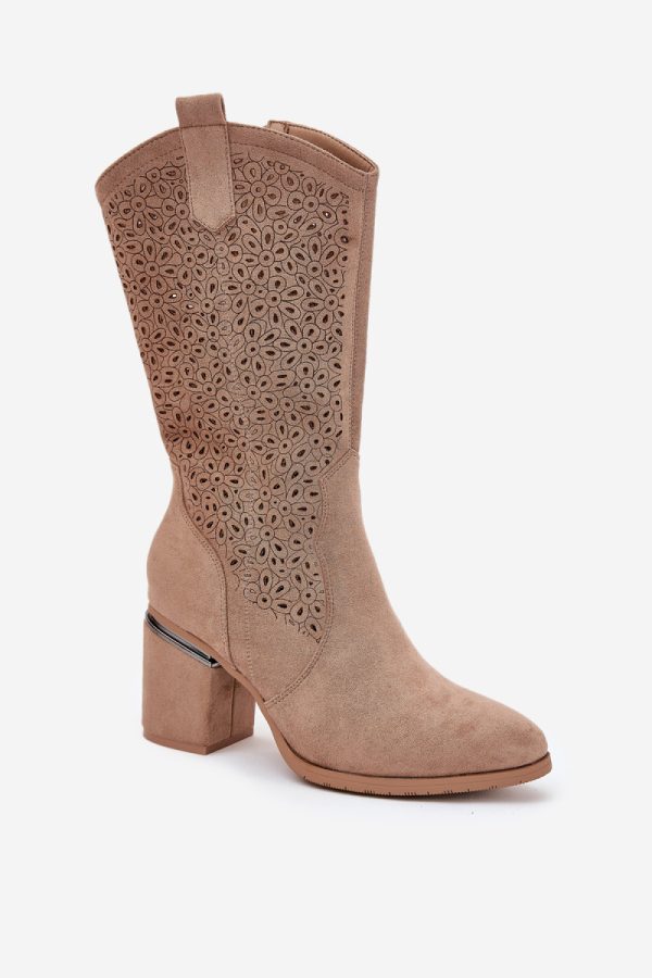 Beige Open-work Boots in Over The Knee High Boots, Thigh High Boots with Fabric, Footbed, Upper Height and Heel Height