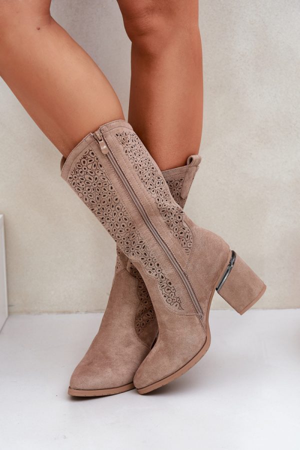 Beige Open-work Boots in Over The Knee High Boots, Thigh High Boots with Fabric, Footbed, Upper Height and Heel Height