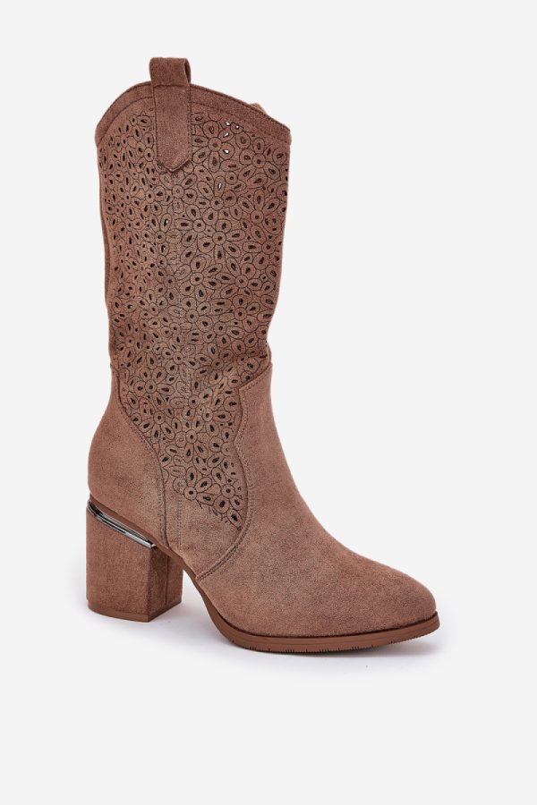 Brown Open-work Boots in Over The Knee High Boots, Thigh High Boots with Fabric, Footbed, Upper Height and Heel Height