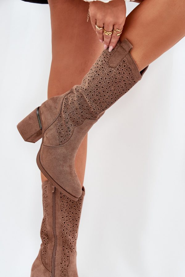 Brown Open-work Boots in Over The Knee High Boots, Thigh High Boots with Fabric, Footbed, Upper Height and Heel Height