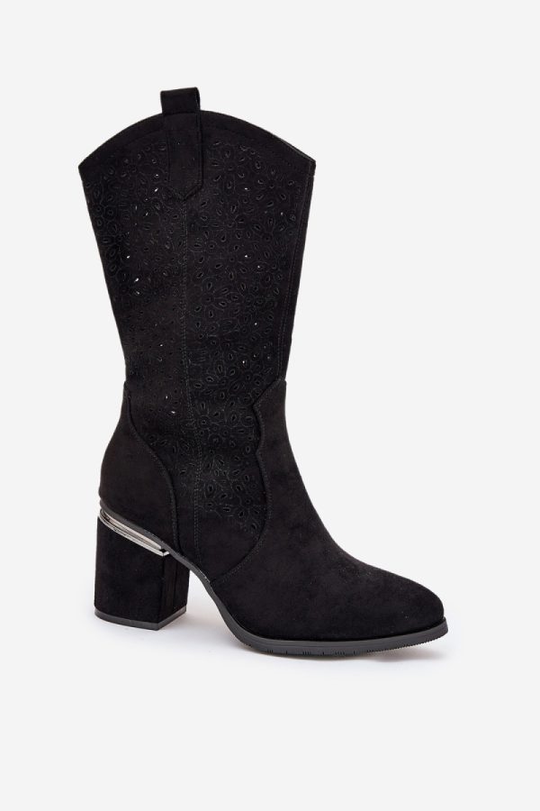 Black Open-work Boots in Over The Knee High Boots, Thigh High Boots with Fabric, Footbed, Upper Height and Heel Height