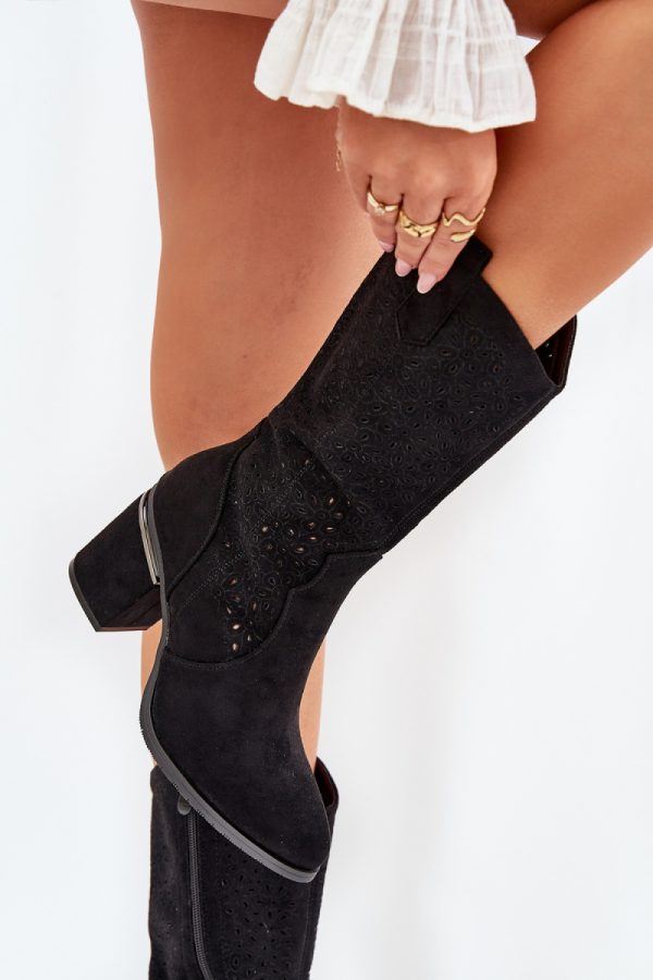 Black Open-work Boots in Over The Knee High Boots, Thigh High Boots with Fabric, Footbed, Upper Height and Heel Height