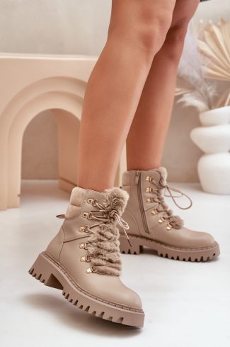 Beige Trapper Shoes in Women`s Ankle Boots & Booties with Fabric, Warmers, Footbed, Upper Height and Heel Height