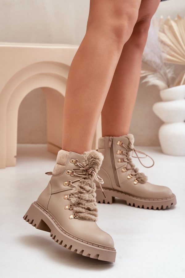 Beige Trapper Shoes in Women`s Ankle Boots & Booties with Fabric, Warmers, Footbed, Upper Height and Heel Height