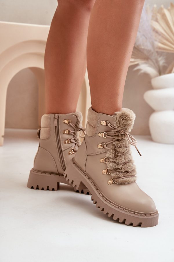 Beige Trapper Shoes in Women`s Ankle Boots & Booties with Fabric, Warmers, Footbed, Upper Height and Heel Height