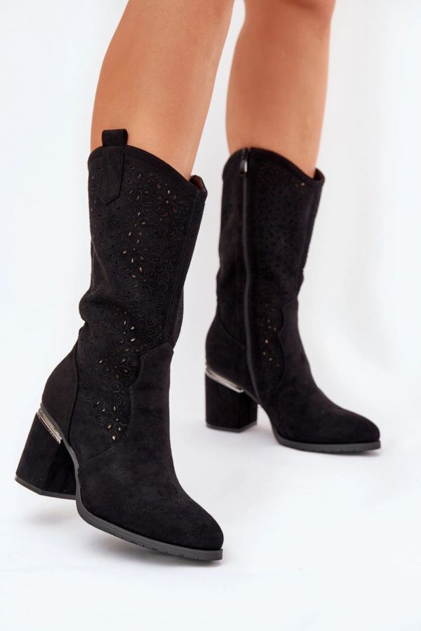 Black Open-work Boots in Over The Knee High Boots, Thigh High Boots with Fabric, Footbed, Upper Height and Heel Height