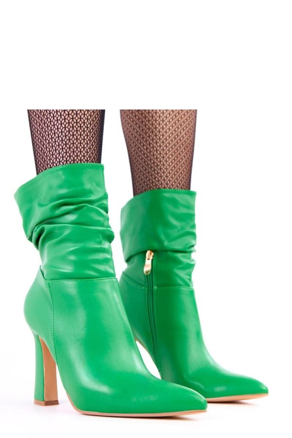 Green Heel Boots...Fabric, Footbed, Upper Height and Heel Height