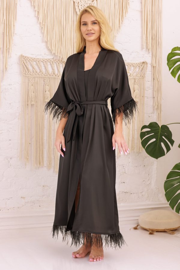 Black Long Bathrobe in Dressing Gowns, Bathrobes For Women with Spandex and Polyester
