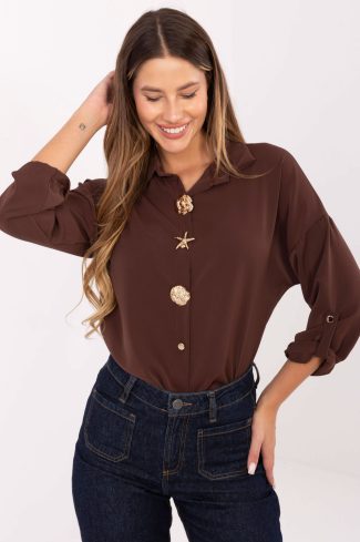 Brown Long Sleeve Shirt in Shirts For Women with Spandex, Polyester and Viscose