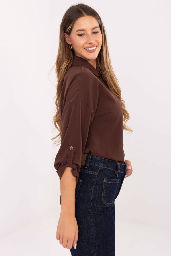 Brown Long Sleeve Shirt in Shirts For Women with Spandex, Polyester and Viscose