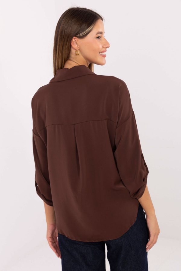 Brown Long Sleeve Shirt in Shirts For Women with Spandex, Polyester and Viscose