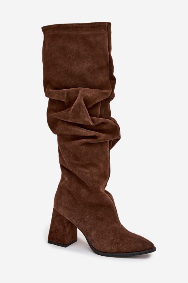 Brown Heel Boots in Over The Knee High Boots, Thigh High Boots with Fabric, Warmers, Footbed, Upper Height and Heel Height