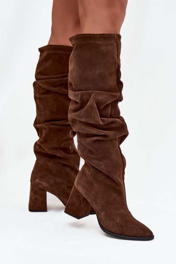 Brown Heel Boots in Over The Knee High Boots, Thigh High Boots with Fabric, Warmers, Footbed, Upper Height and Heel Height