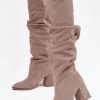 Beige Heel Boots in Over The Knee High Boots, Thigh High Boots with Fabric, Warmers, Footbed, Upper Height and Heel Height