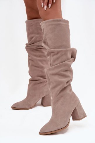 1097571.jpg Beige Heel Boots in Over The Knee High Boots, Thigh High Boots with Fabric, Warmers, Footbed, Upper Height and Heel Height