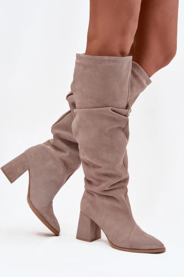 Beige Heel Boots in Over The Knee High Boots, Thigh High Boots with Fabric, Warmers, Footbed, Upper Height and Heel Height