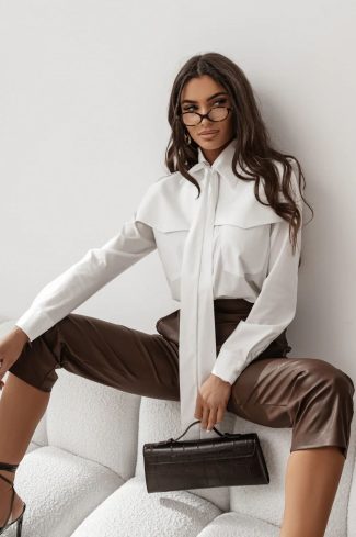 Beige Long Sleeve Shirt in Shirts For Women with Cotton and Spandex
