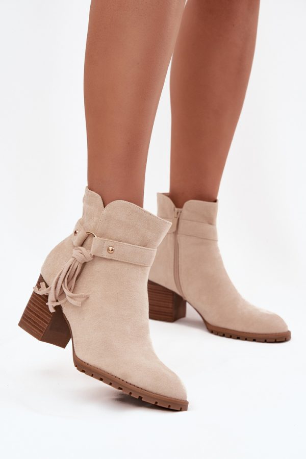 Beige Heel Boots in Women`s Ankle Boots & Booties with Fabric, Footbed, Upper Height and Heel Height
