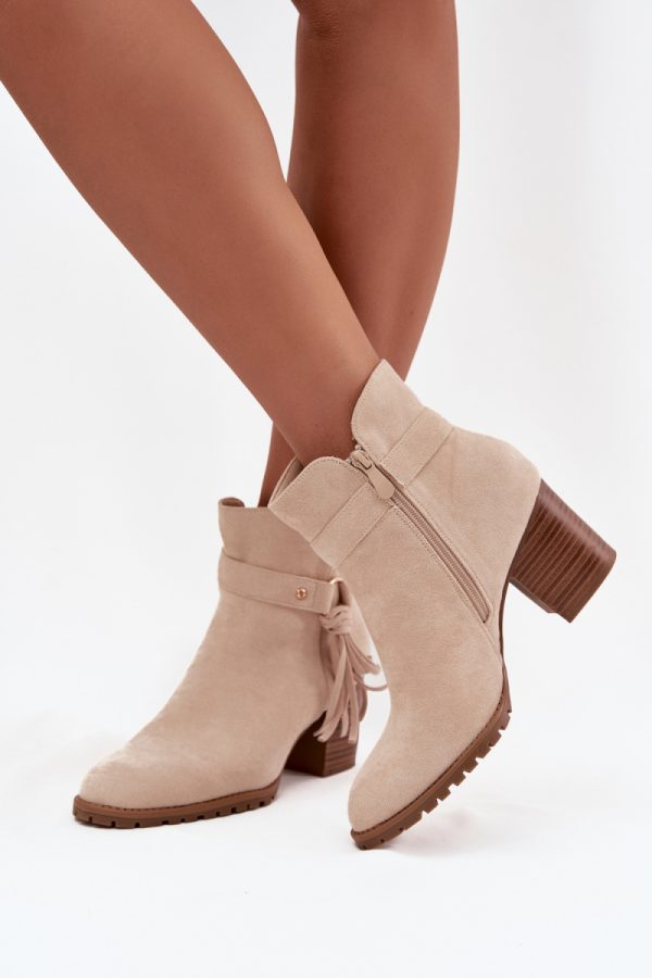 Beige Heel Boots in Women`s Ankle Boots & Booties with Fabric, Footbed, Upper Height and Heel Height