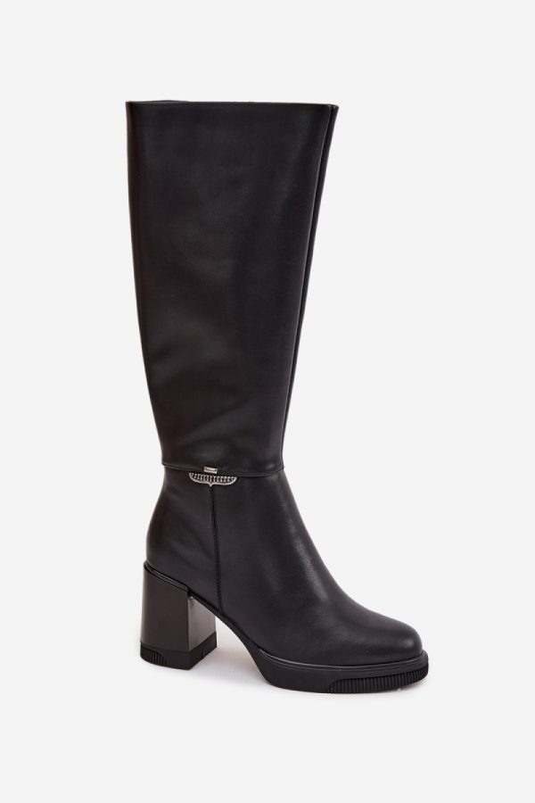 Black Heel Boots in Over The Knee High Boots, Thigh High Boots with Fabric, Warmers, Footbed, Upper Height and Heel Height