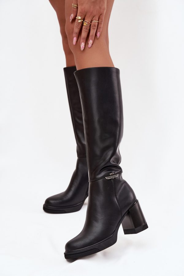 Black Heel Boots in Over The Knee High Boots, Thigh High Boots with Fabric, Warmers, Footbed, Upper Height and Heel Height