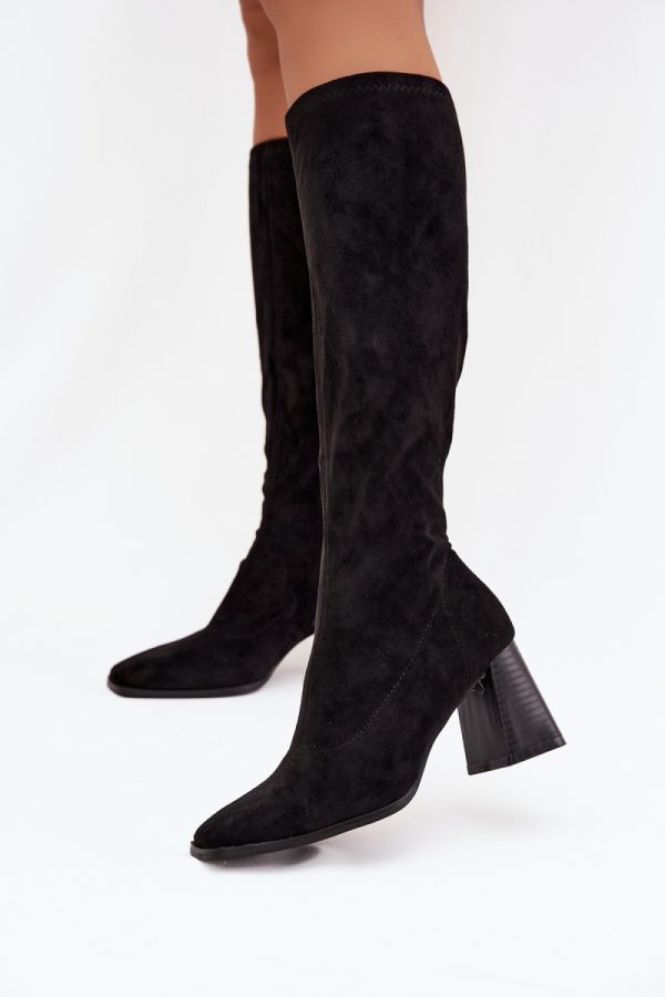 Black Heel Boots in Over The Knee High Boots, Thigh High Boots with Fabric, Warmers, Footbed, Upper Height and Heel Height